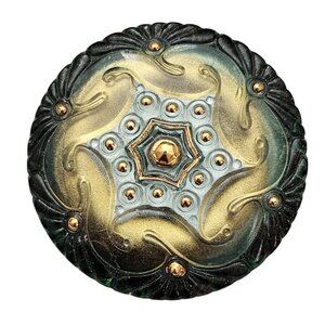 Susan Clarke Czech Vintage Blue Glass Gold Round Button Brooch Star Design C891